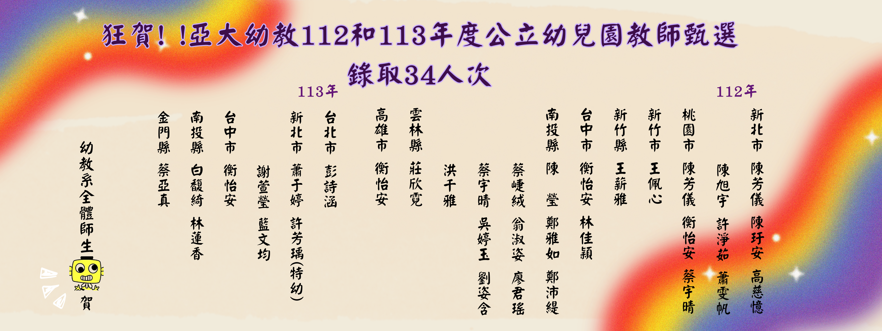 賀！112年度與113年度教師甄試錄取34人次！